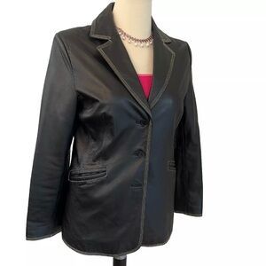 Kenneth Cole Women’s Leather Jacket Sz M Chocolate Brown Button Up Blazer Casual